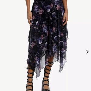 Cosmic Aura Raven Dark Floral Hanky Hem Midi Skirt